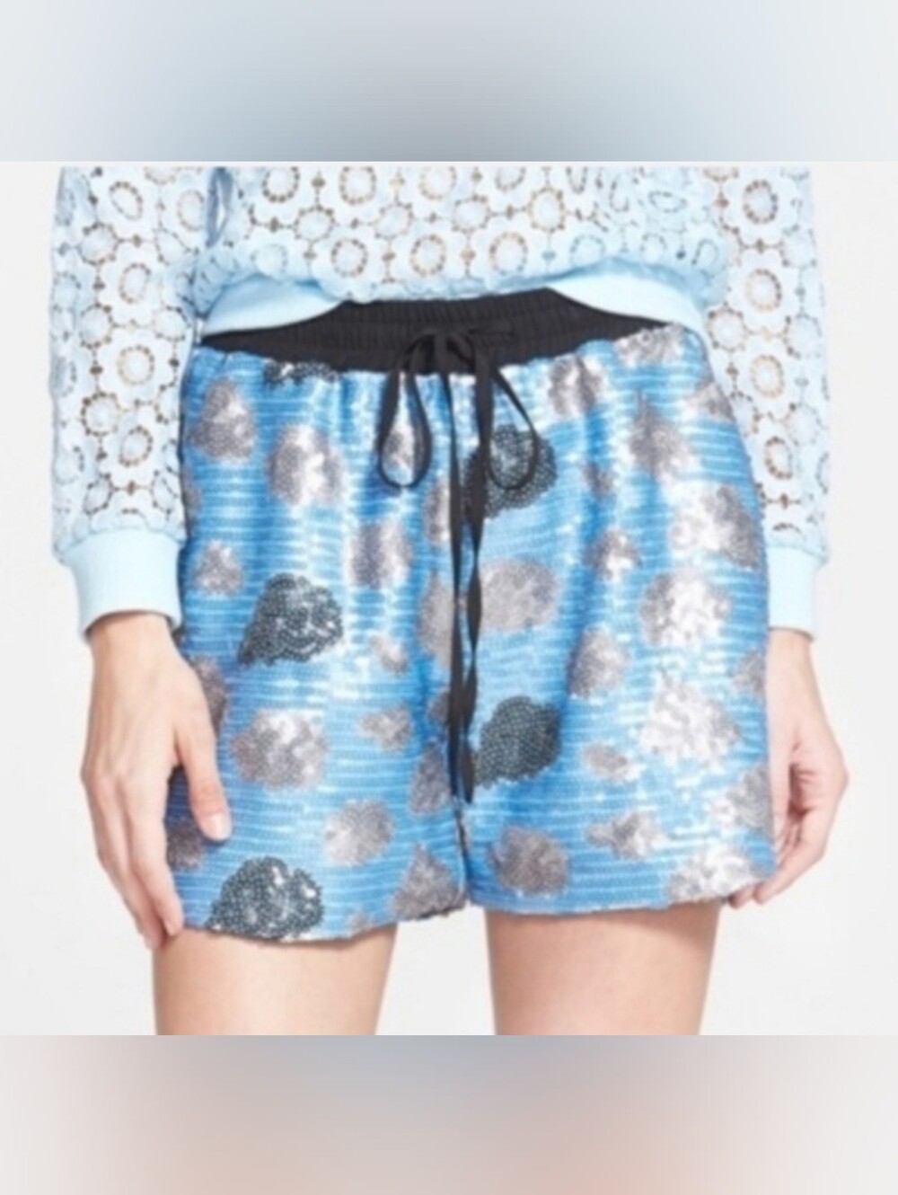 Sequin Polka Dot Style Drawstring Shorts - Blue & Silver